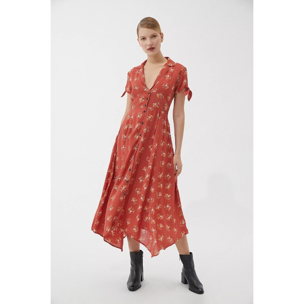 Urban Outfitters Women Floral Print Red Button Front Midi Dress Size S